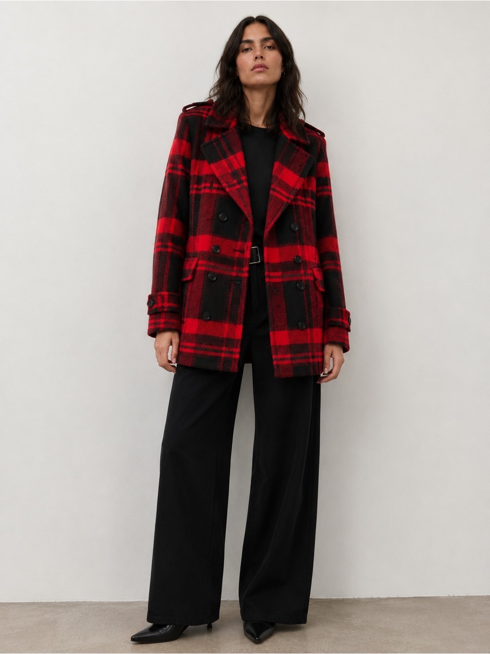 Mario Serrani Italy Women’s Red & Black Plaid Double-Breasted Peacoat Jacket - L